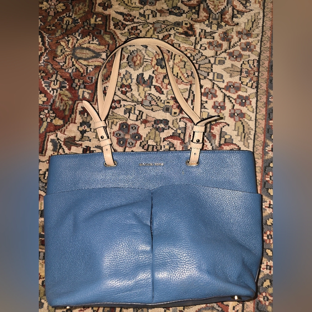 Michael Kors Bedford Pebble Leather Blue Tote with Tan Straps